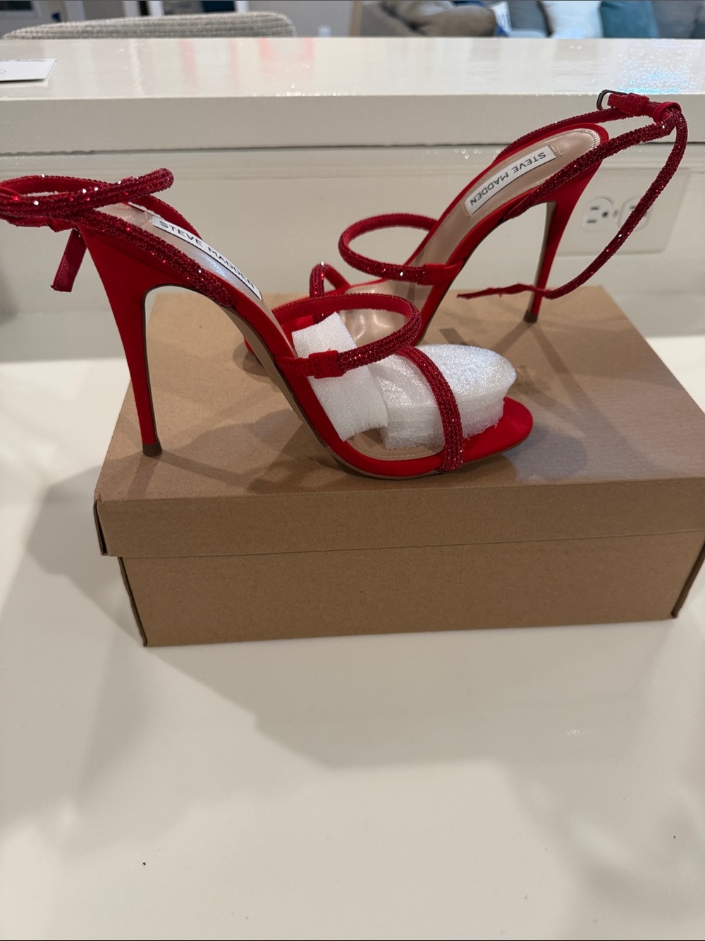 Steve Madden Red Glitter Strappy Stiletto Sandals Size 7. Size $50